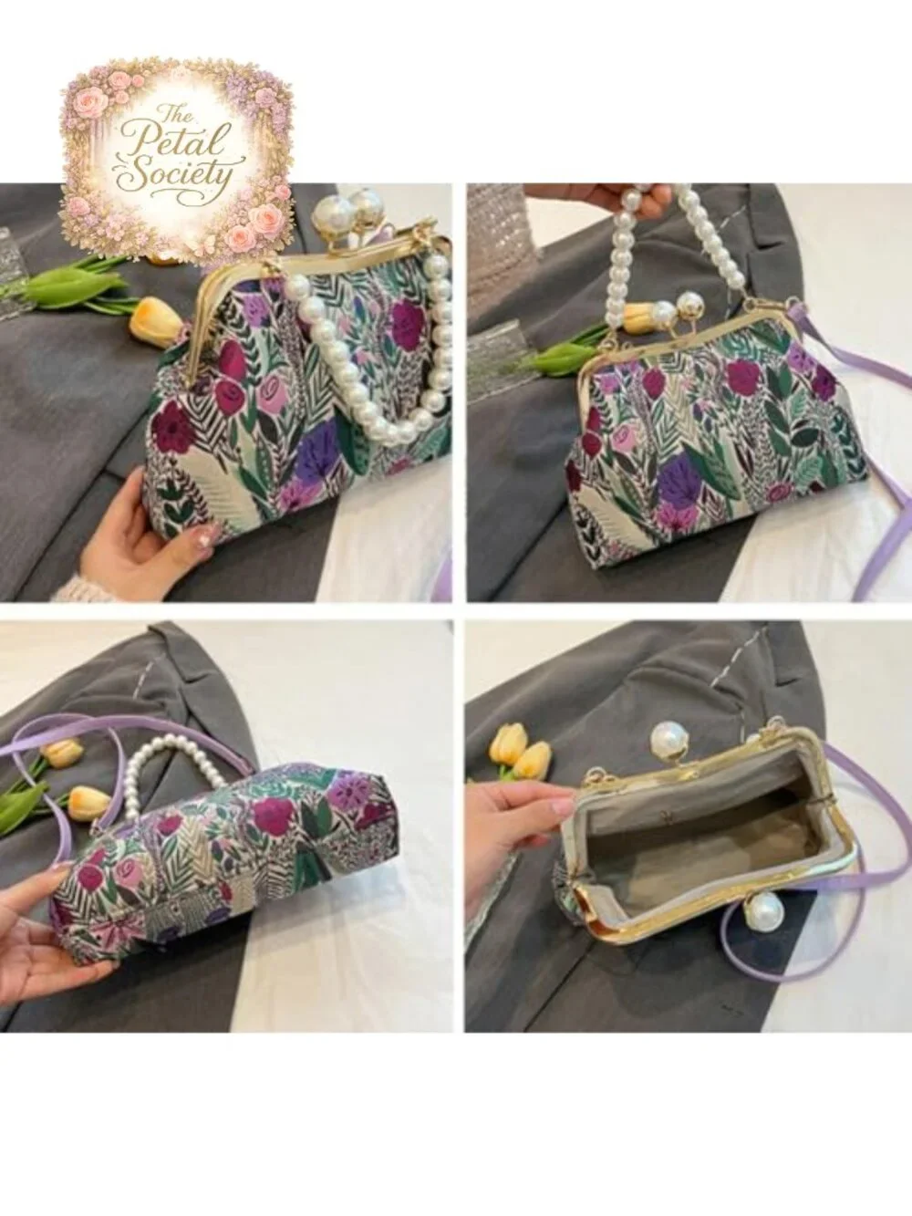 Vintage Embroidered Flower Crossbody Bag with Pearl Chain & Kiss Lock Clutch